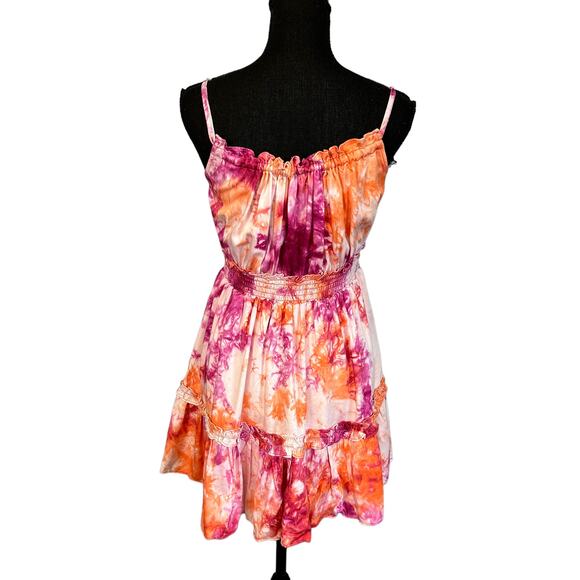 Tularosa Pink Tie Dye Ruffle Mini Dress SMALL Fresco Milkmaid Sundress Peasant - Picture 4 of 8